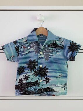 Ky's Hawaiian Tropical Button Down Shirt Palm Trees and Airplanes Size 6 M